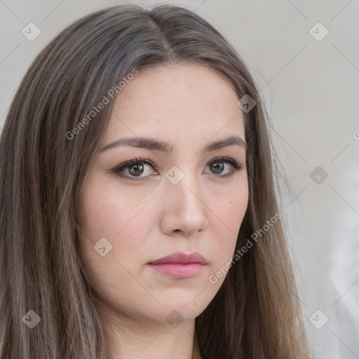 Neutral white young-adult female with long  brown hair and brown eyes