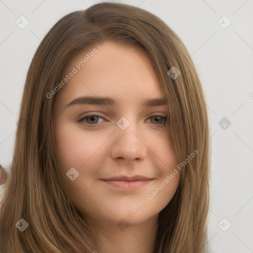 Neutral white young-adult female with long  brown hair and brown eyes