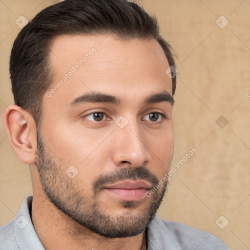 Neutral white young-adult male with short  brown hair and brown eyes