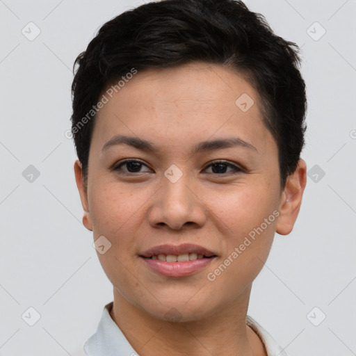 Joyful asian young-adult female with short  brown hair and brown eyes