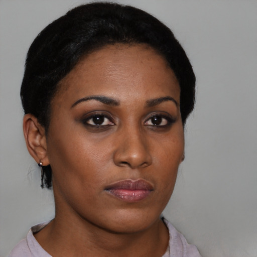 Neutral black young-adult female with short  black hair and brown eyes