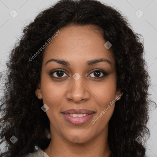 Joyful latino young-adult female with long  brown hair and brown eyes