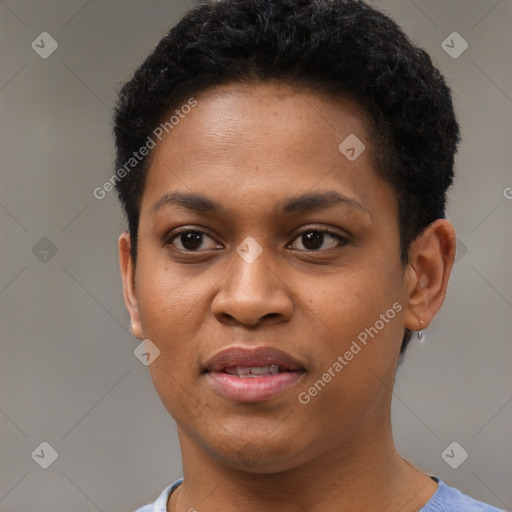 Joyful black young-adult female with short  brown hair and brown eyes