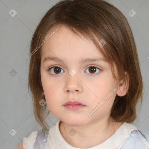 Neutral white child female with medium  brown hair and blue eyes