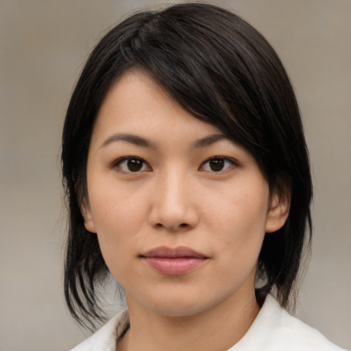 Neutral asian young-adult female with medium  brown hair and brown eyes