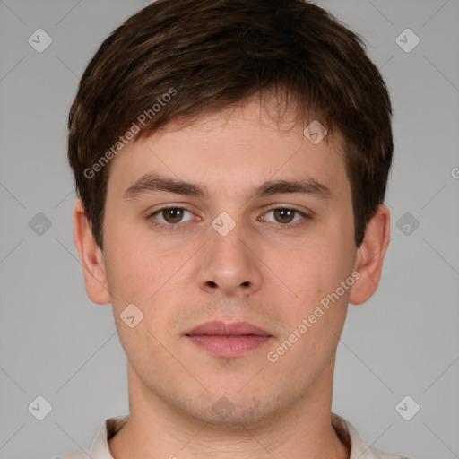 Neutral white young-adult male with short  brown hair and brown eyes