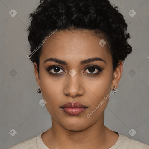 Neutral black young-adult female with short  black hair and brown eyes