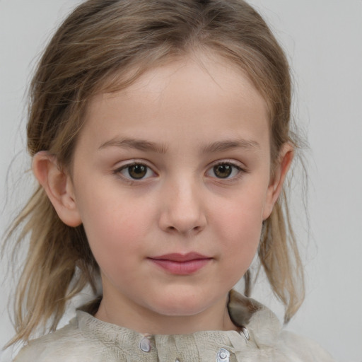 Neutral white child female with medium  brown hair and grey eyes