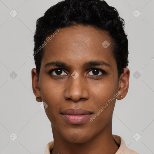 Neutral black young-adult male with short  black hair and brown eyes