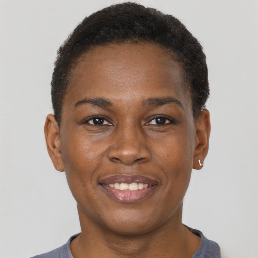 Joyful black young-adult female with short  brown hair and brown eyes
