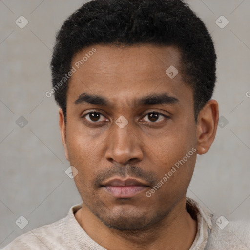 Neutral latino young-adult male with short  black hair and brown eyes