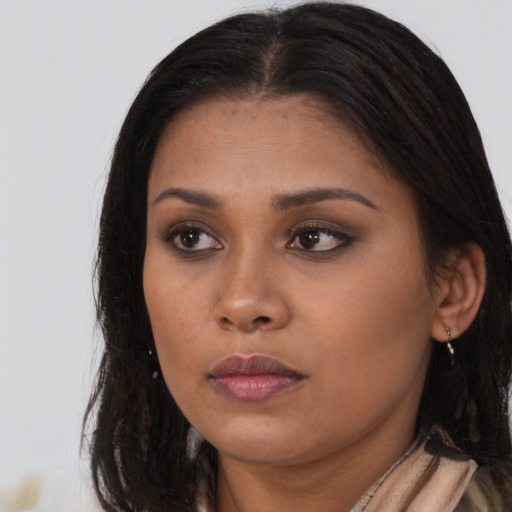 Neutral asian young-adult female with long  brown hair and brown eyes