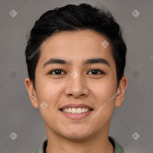 Joyful white young-adult male with short  black hair and brown eyes
