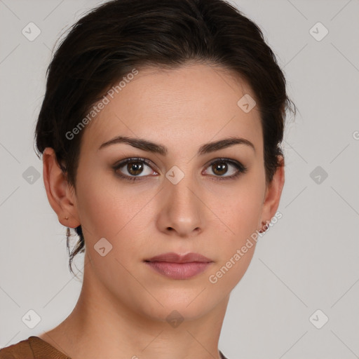 Neutral white young-adult female with short  brown hair and brown eyes