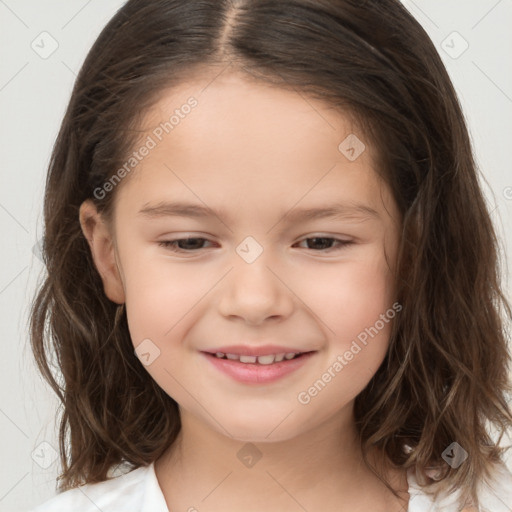 Joyful white child female with medium  brown hair and brown eyes