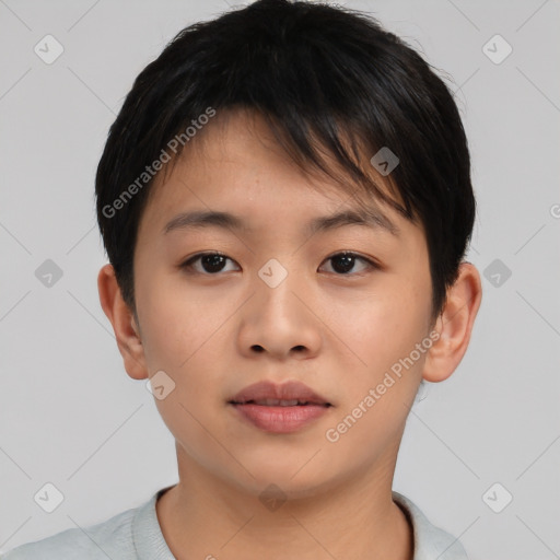 Neutral asian young-adult female with short  brown hair and brown eyes