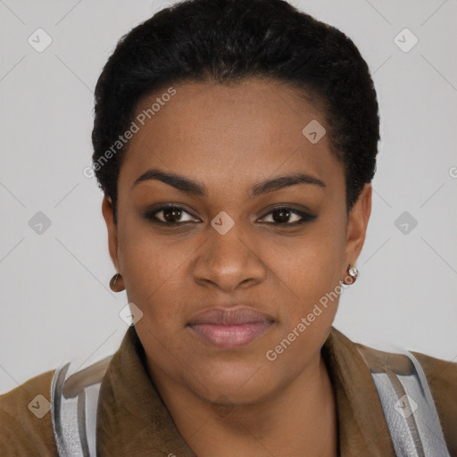Neutral black young-adult female with short  black hair and brown eyes
