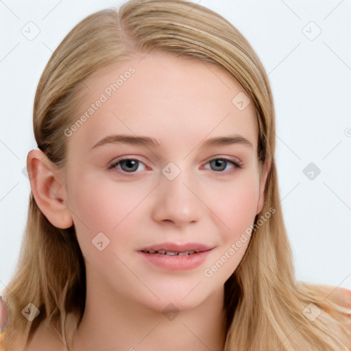 Joyful white young-adult female with long  brown hair and blue eyes