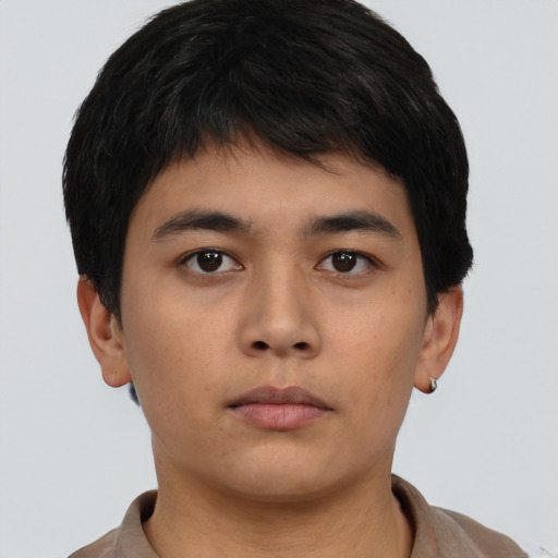 Neutral asian young-adult male with short  black hair and brown eyes
