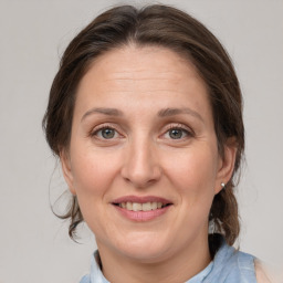 Joyful white adult female with medium  brown hair and grey eyes