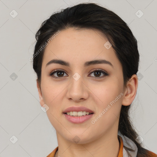 Joyful white young-adult female with medium  black hair and brown eyes