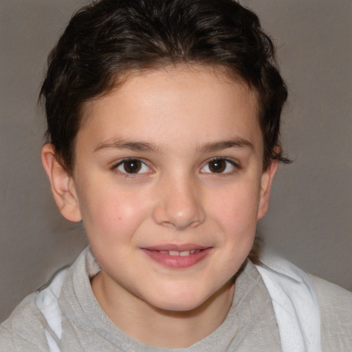 Joyful white child female with short  brown hair and brown eyes