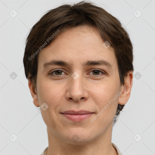 Joyful white young-adult female with short  brown hair and grey eyes