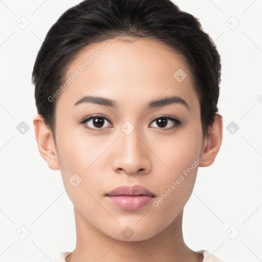 Neutral latino young-adult female with short  black hair and brown eyes