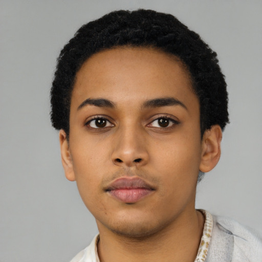 Neutral latino young-adult female with short  black hair and brown eyes
