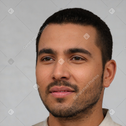 Neutral latino young-adult male with short  black hair and brown eyes