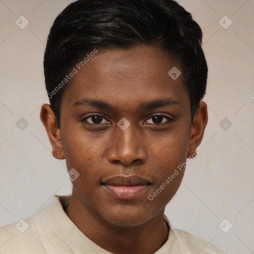 Joyful black young-adult male with short  brown hair and brown eyes