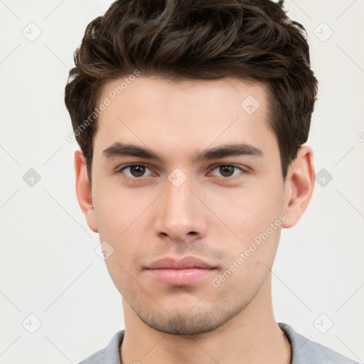 Neutral white young-adult male with short  brown hair and brown eyes