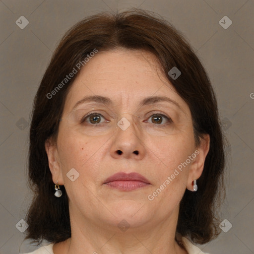 Neutral white adult female with medium  brown hair and brown eyes