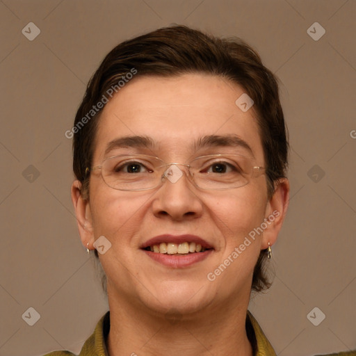 Joyful white adult female with short  brown hair and brown eyes