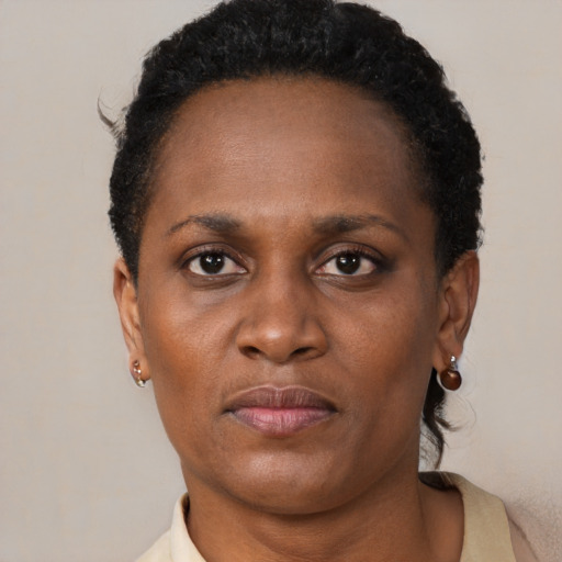 Neutral black adult female with short  brown hair and brown eyes