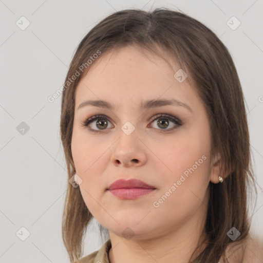 Neutral white young-adult female with medium  brown hair and brown eyes