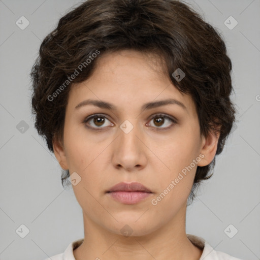 Neutral white young-adult female with short  brown hair and brown eyes