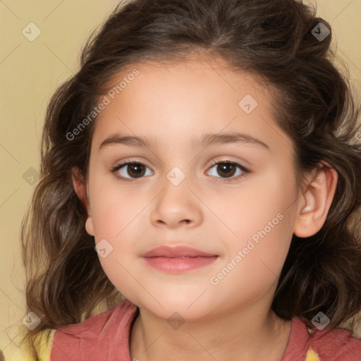 Joyful white child female with medium  brown hair and brown eyes