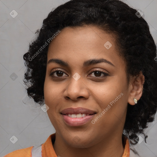 Joyful latino young-adult female with long  black hair and brown eyes