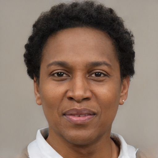 Joyful black adult female with short  brown hair and brown eyes