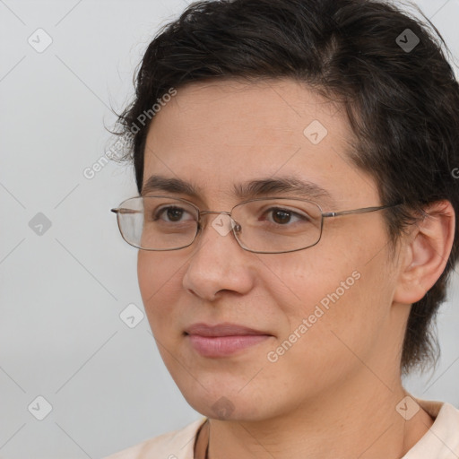 Joyful white adult female with medium  brown hair and brown eyes