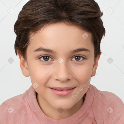 Joyful white child female with short  brown hair and brown eyes