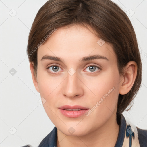 Neutral white young-adult female with medium  brown hair and grey eyes