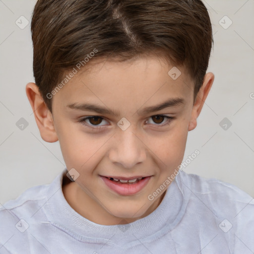 Joyful white child male with short  brown hair and brown eyes