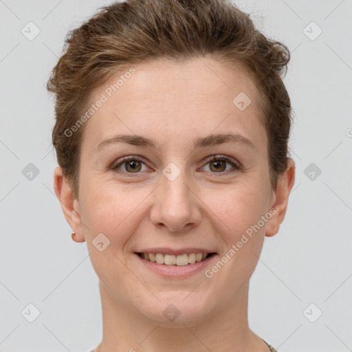 Joyful white young-adult female with short  brown hair and grey eyes