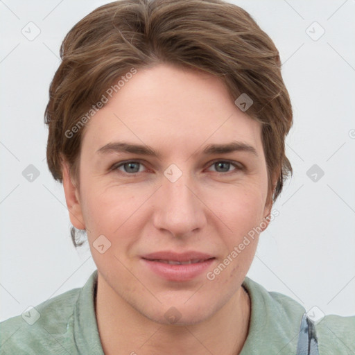 Joyful white young-adult female with short  brown hair and grey eyes