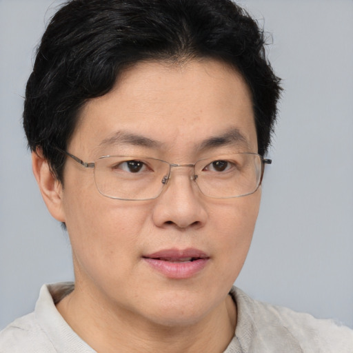 Joyful asian adult male with short  brown hair and brown eyes