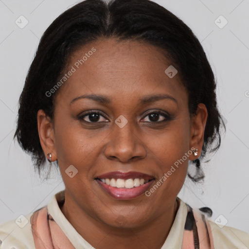 Joyful latino young-adult female with short  brown hair and brown eyes