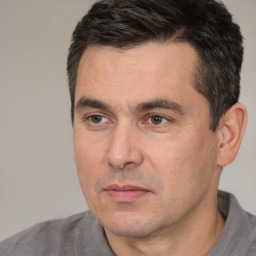 Joyful white adult male with short  black hair and brown eyes