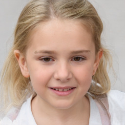 Joyful white child female with medium  brown hair and brown eyes